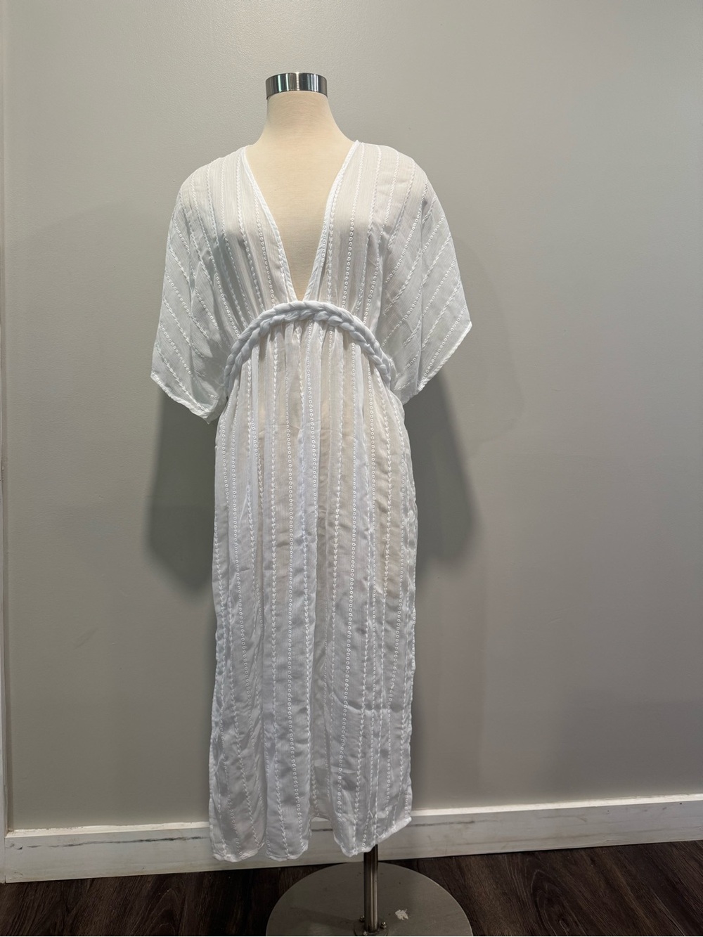 White V-Neck Textured Swim Cover-Up Dress